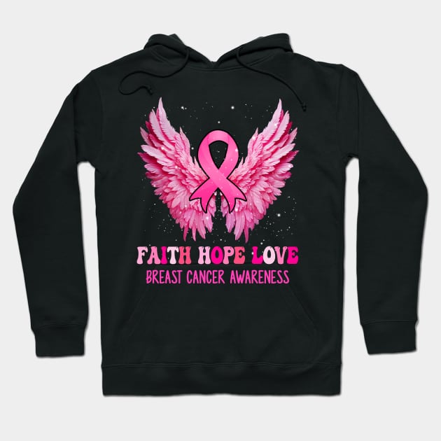 Faith Hope Love Breast Cancer Awareness Pink Ribbon Wings Hoodie by James Green